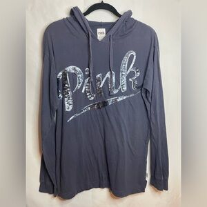 Victoria's Secret Pullover Hooded Tshirt Blue With Gray Sequin, Size Small T032